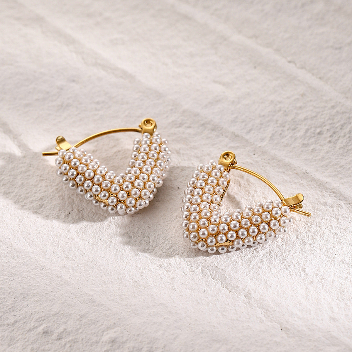 Minimalist 18K Gold Plated V-Shape Stainless Steel Pearl Earrings for Women