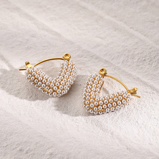 Minimalist 18K Gold Plated V-Shape Stainless Steel Pearl Earrings for Women