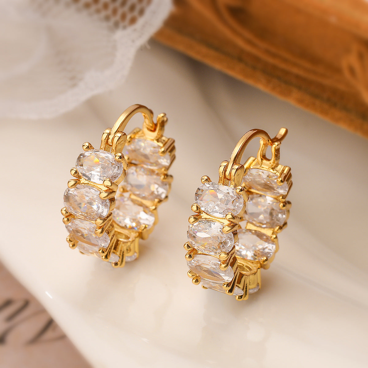 Minimalist Geometric Copper Hoop Earrings with 18K Gold Plating and Zircon Inlay for Women