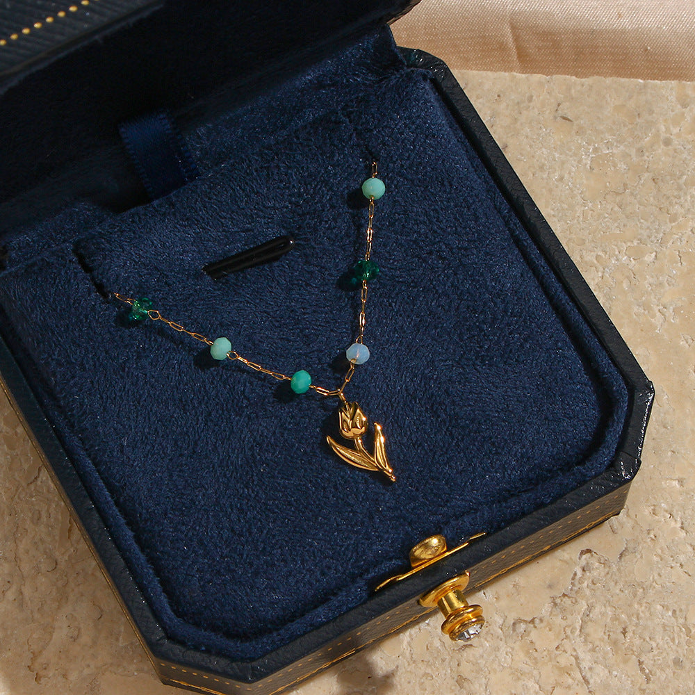 Minimalist Tulip Pendant Necklace in Stainless Steel with Colorful Beads and Electroplated Finish for Women