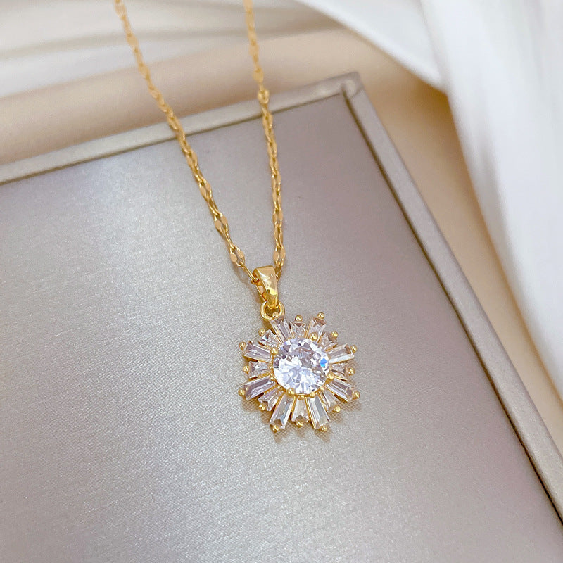 Collar de lujo de acero de titanio con copo de nieve geométrico y diamantes de imitación para mujer
