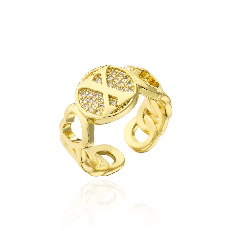 18K Gold Plated Brass Micro-Paved Cubic Zirconia Heart Letter Cuban Link Chain Open Ring for Women