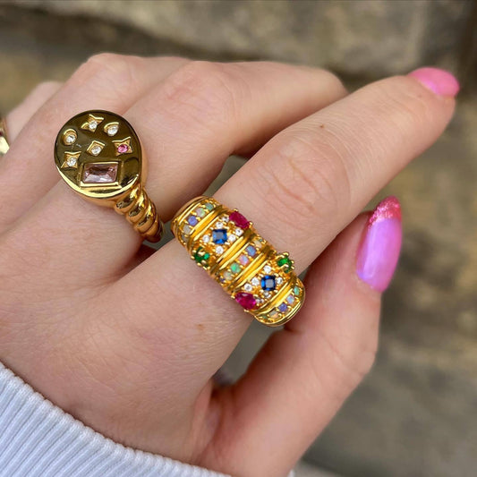 Cute Geometric Galaxy Star Map Ring with Zircon Stars and Moon, Gold-Plated Copper Ring for Women