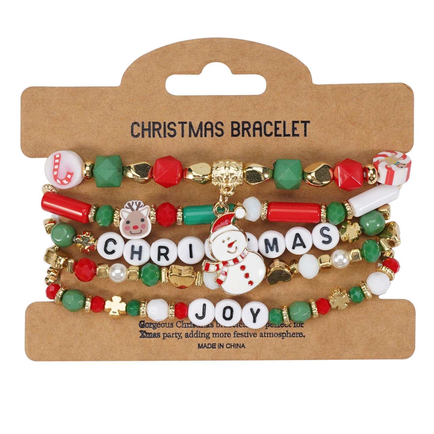Unisex Natural Stone Beaded Bracelet with Snowman Christmas Tree Santa Reindeer Charms Floral Pattern Holiday Gift
