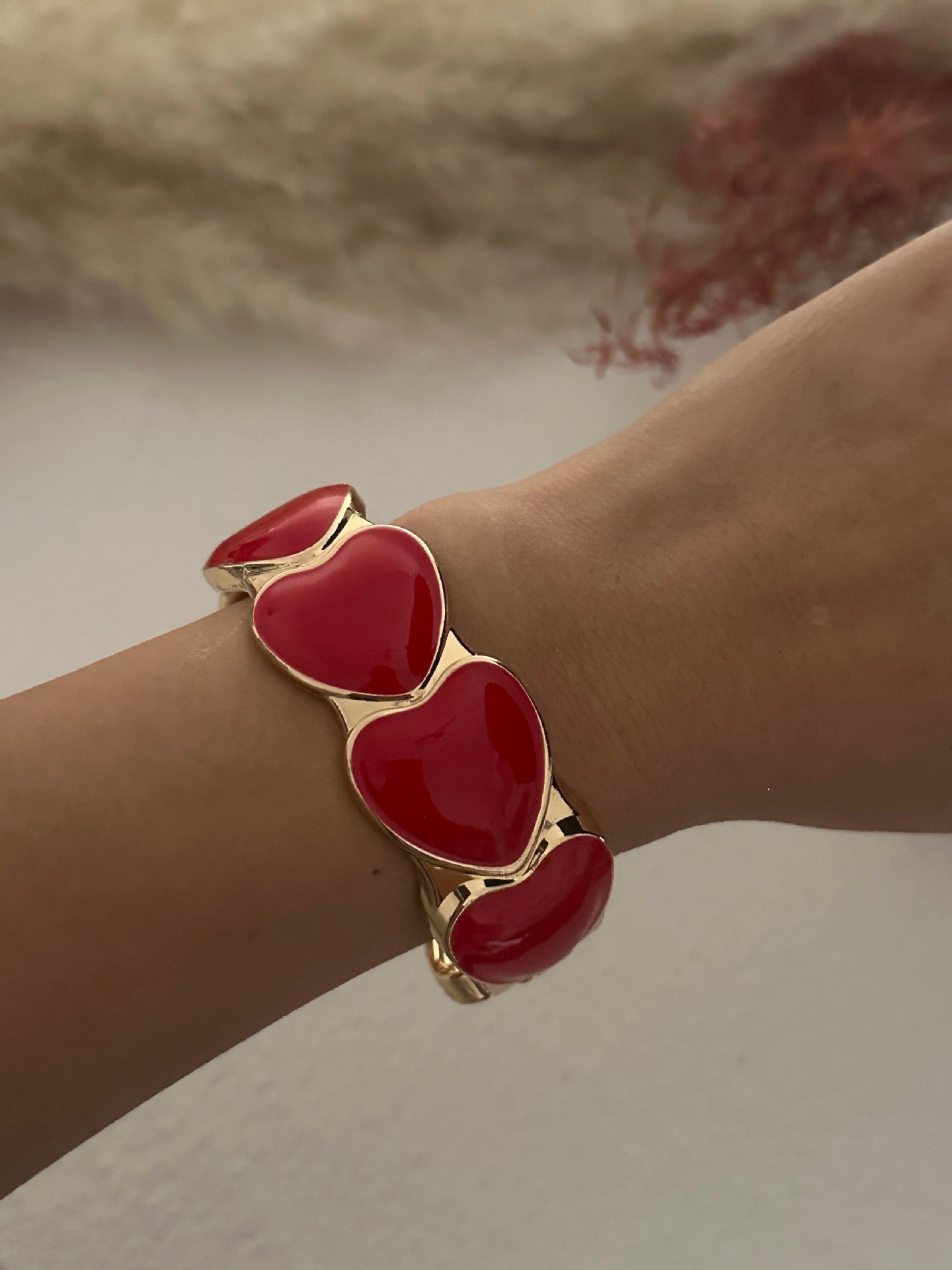 Bracciale elastico aperto a cuore geometrico bohémien vintage rosso smaltato