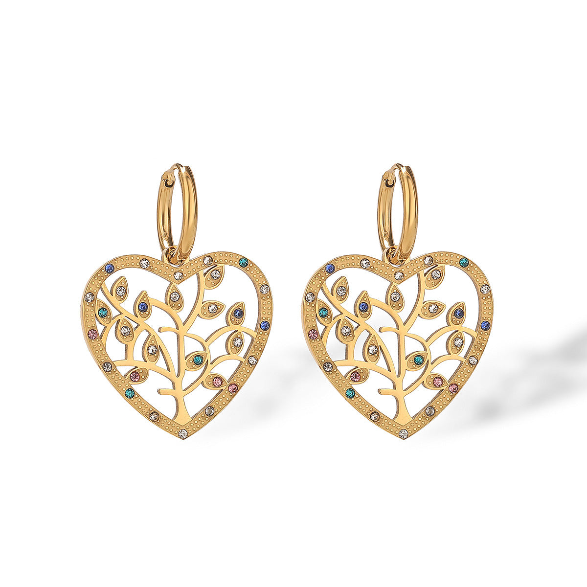 Minimalist Geometric Tree-Shaped Titanium Steel Earrings for Women with Genuine Gold Plating and Zircon Inlay