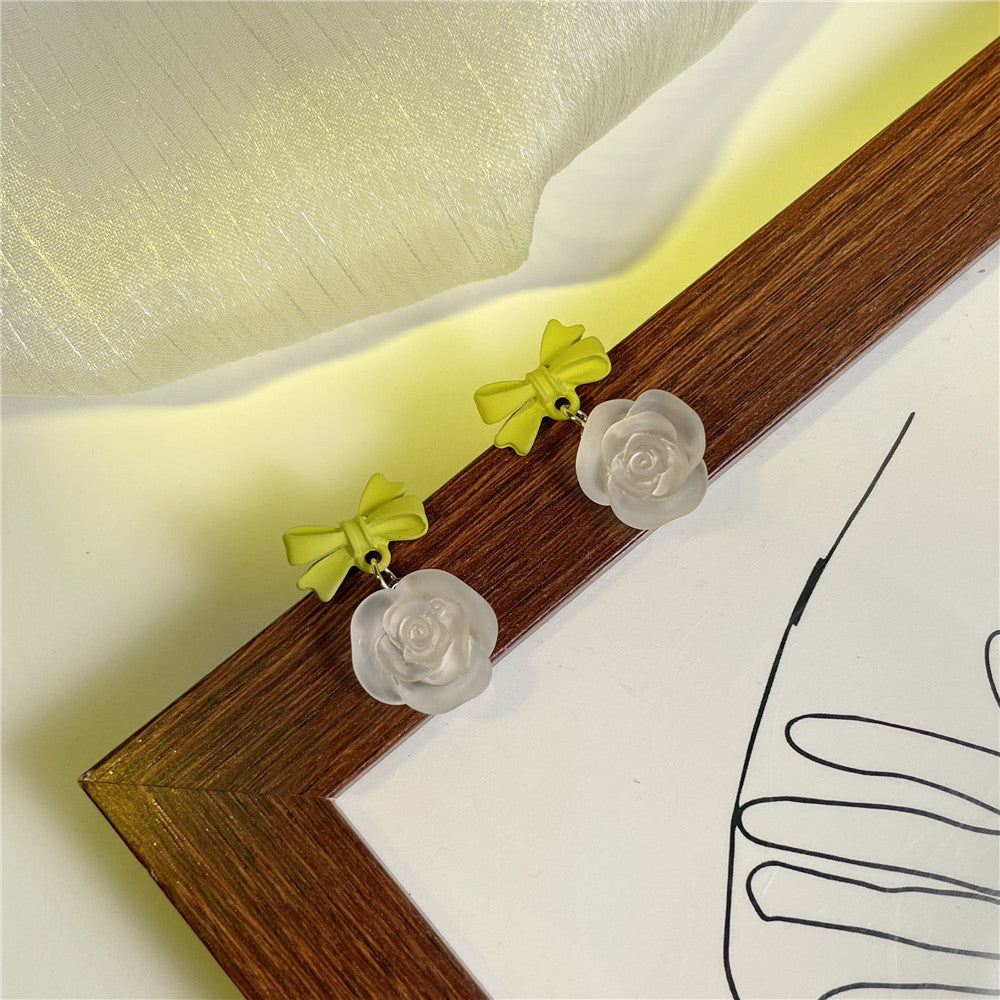 Vintage Sweet Light Green Floral Bow 925 Sterling Silver Post Alloy Plated Earrings