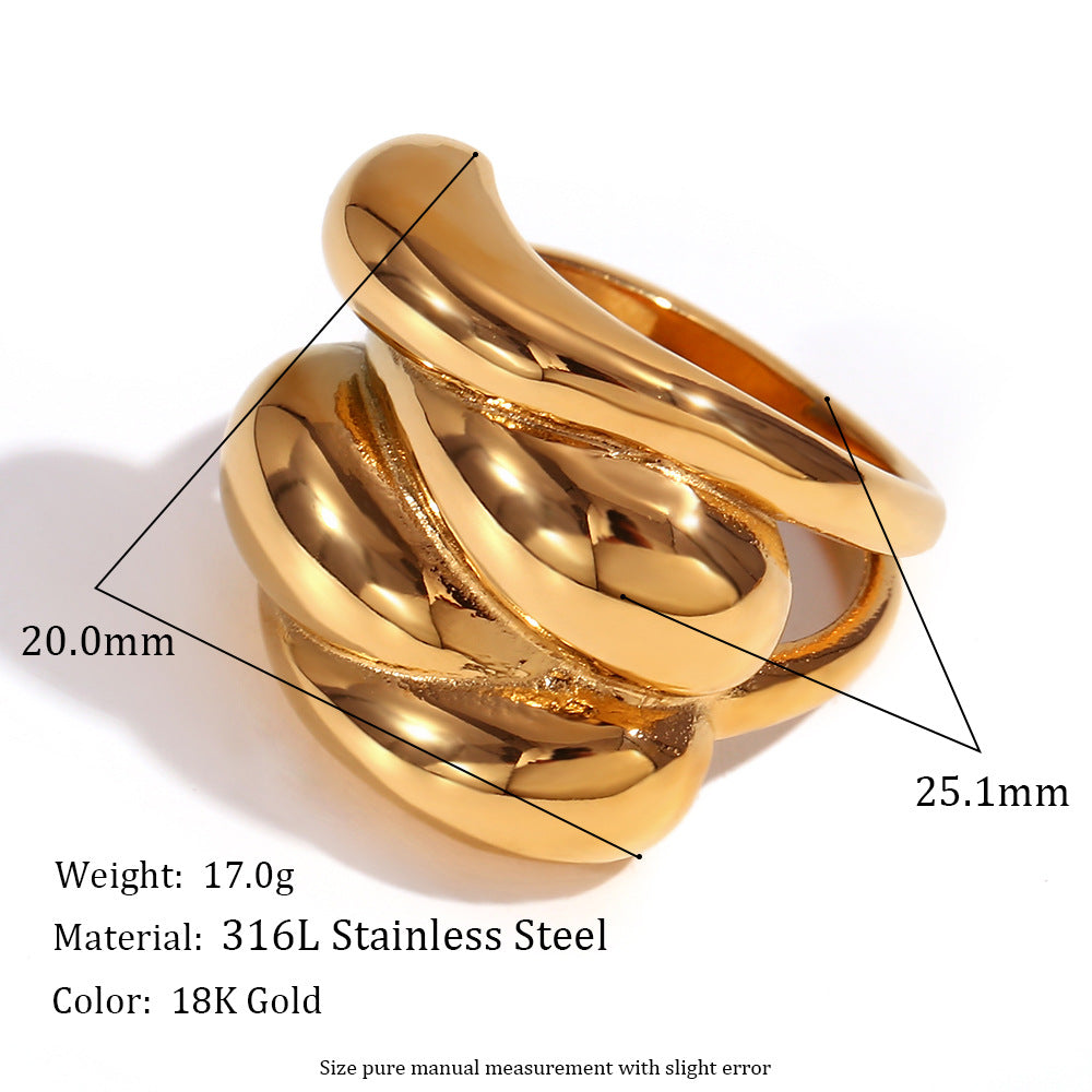 Anello da donna creativo in acciaio inossidabile geometrico placcato oro 18 carati con design a goccia a onda