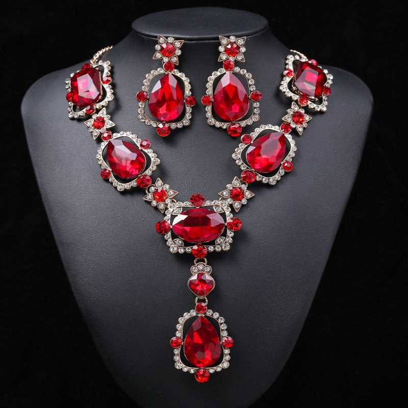 Exaggerated Vintage Alloy Necklace and Earring Set with Artificial Gemstone Inlay and Ruyi Lock Pendant for Women