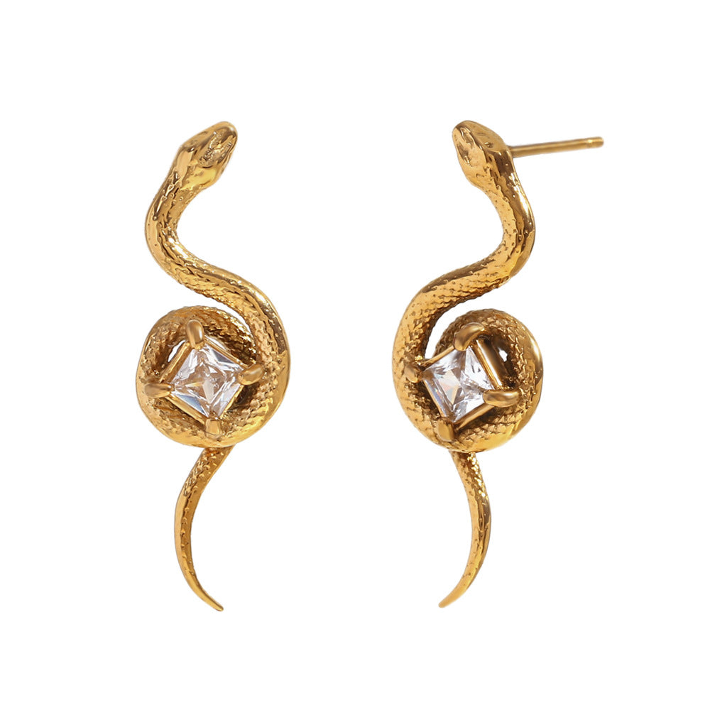 Orecchini alla moda a forma di serpente geometrico da donna in acciaio inossidabile con placcatura in oro 18K e texture a scaglie in zirconia cubica