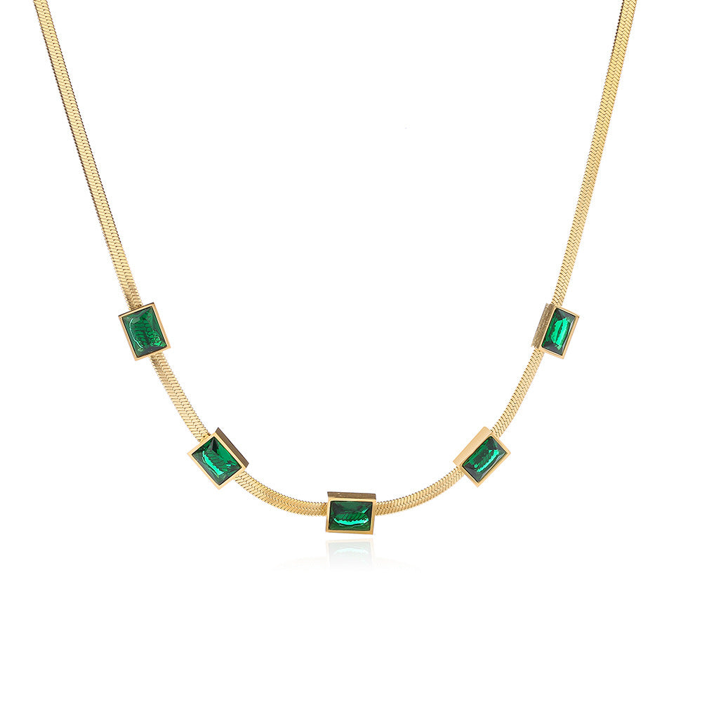 Minimalist Geometric Emerald Zirconia Titanium Steel Snake Chain Necklace for Women