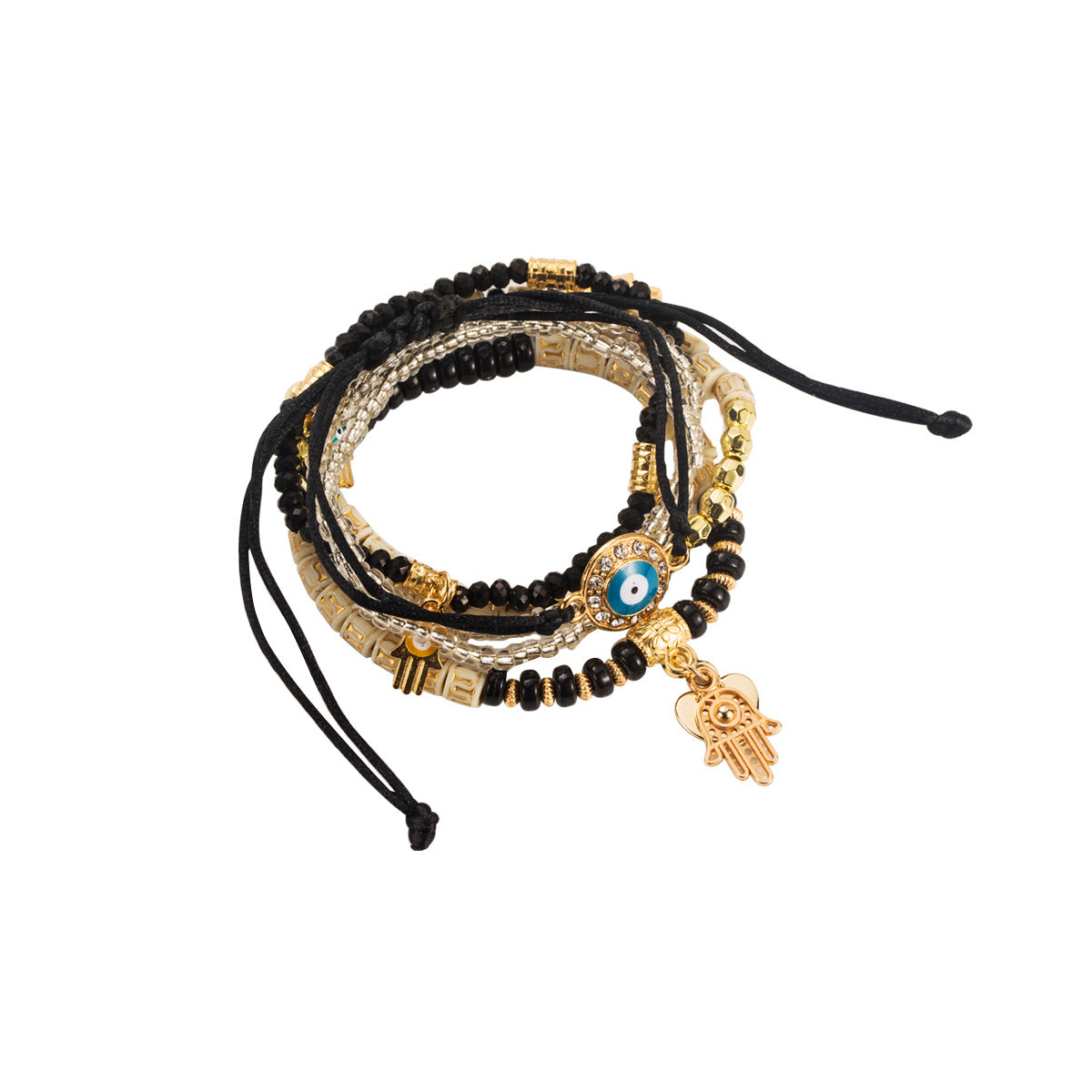 Set di bracciali multistrato esotici con perline infilate a mano, con design a forma di occhio in lega e perline di conteria per donna