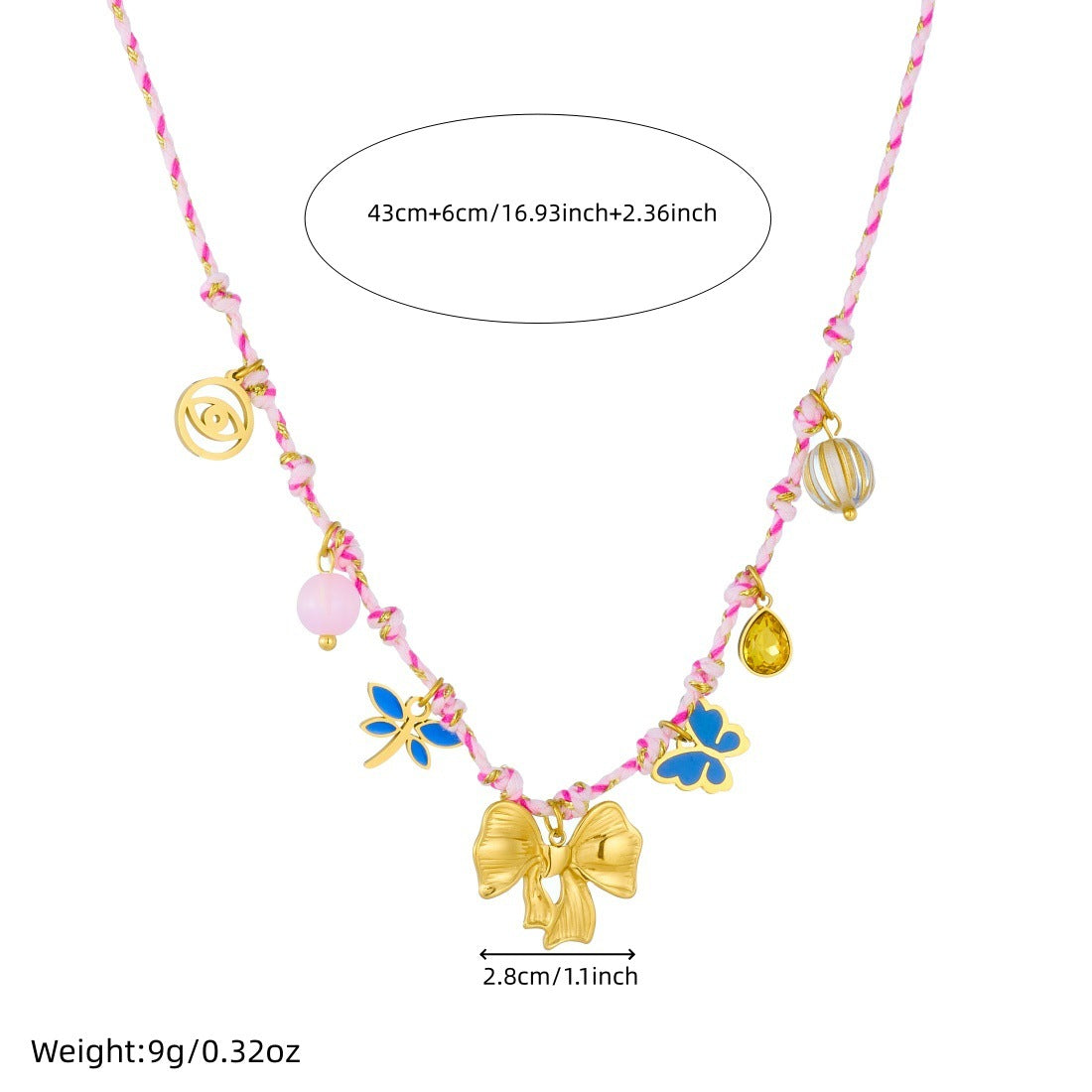 Bohemian Vintage Gold Plated Drip Oil Stainless Steel Bow and Insect Pendant Necklace for Women