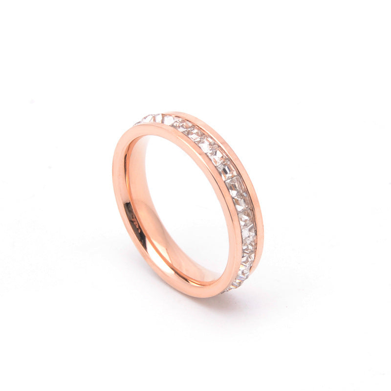 Minimalist Square Titanium Steel Ring with Full Rhinestone Inlay for Women and Men Unisex Fashion Band