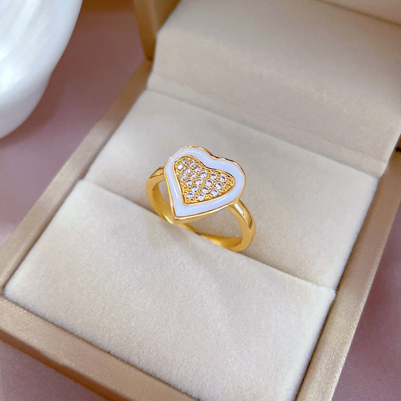 Minimalist Heart-Shaped Enamel Ring with Zircon Inlay Adjustable Opening Design for Women