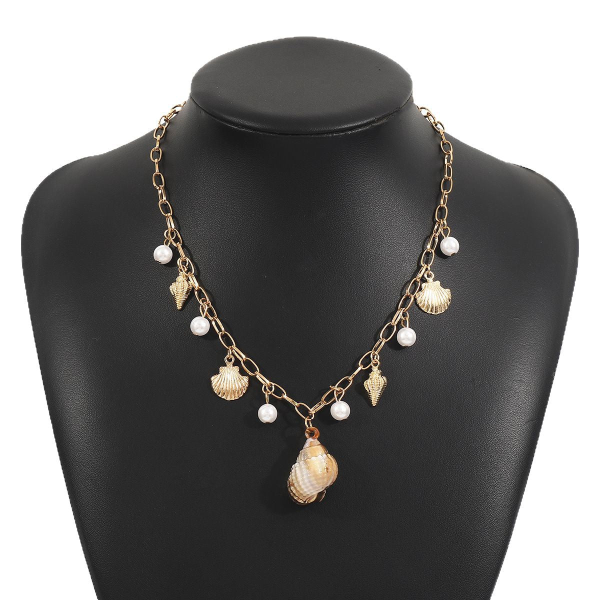 Collar con colgante geométrico estilo vacaciones con borlas de perlas y detalles de estrellas y conchas marinas en aleación con acabado chapado