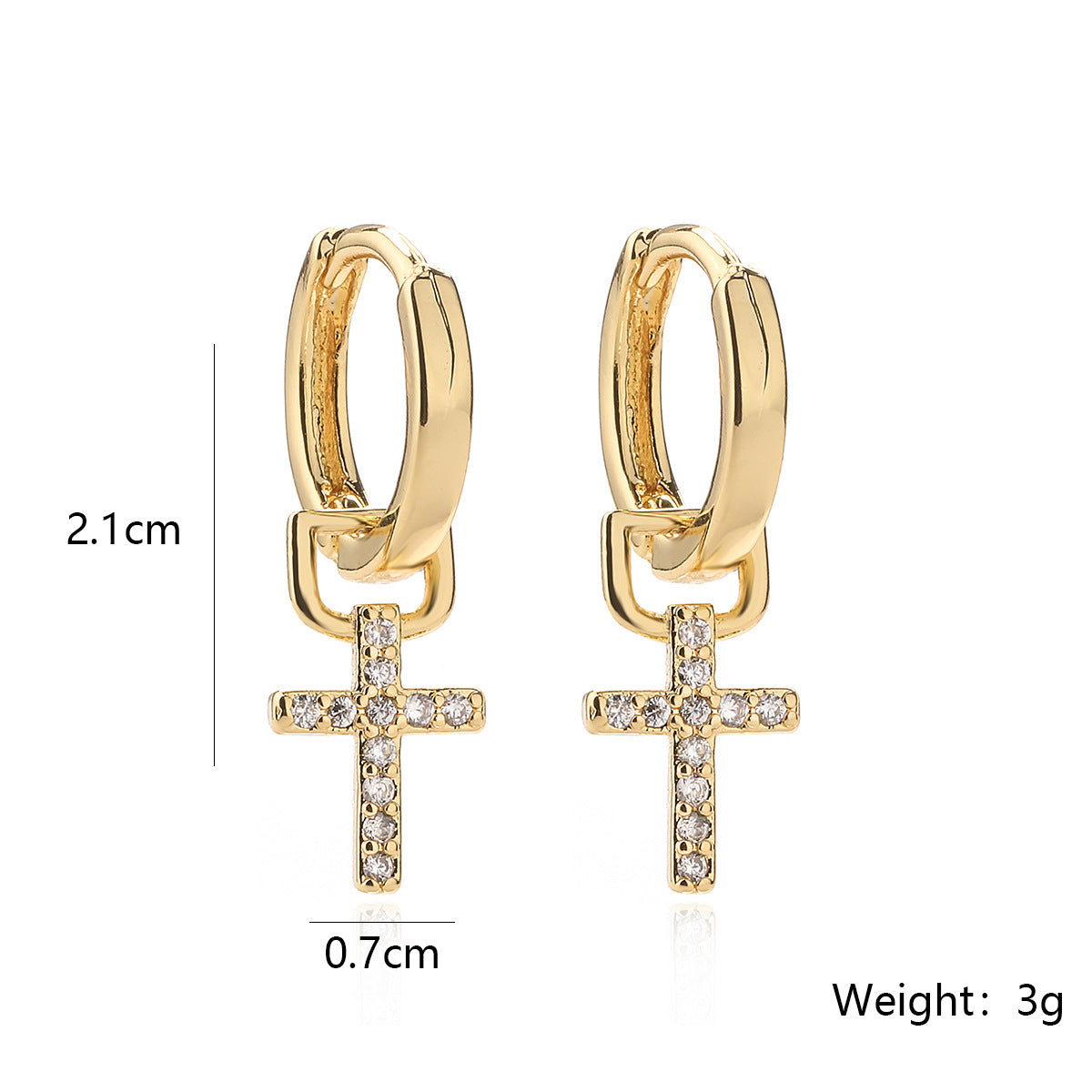 Orecchini da donna minimalisti a croce in rame con placcatura in oro vero e intarsio di zirconi