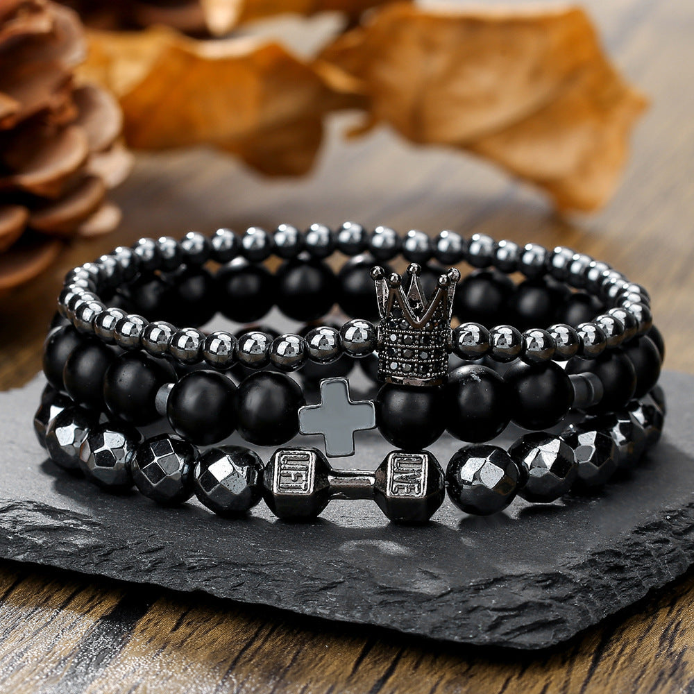 Unique Geometric Cross Crown Hematite Beaded Bracelet Set with Cubic Zirconia for Men and Women