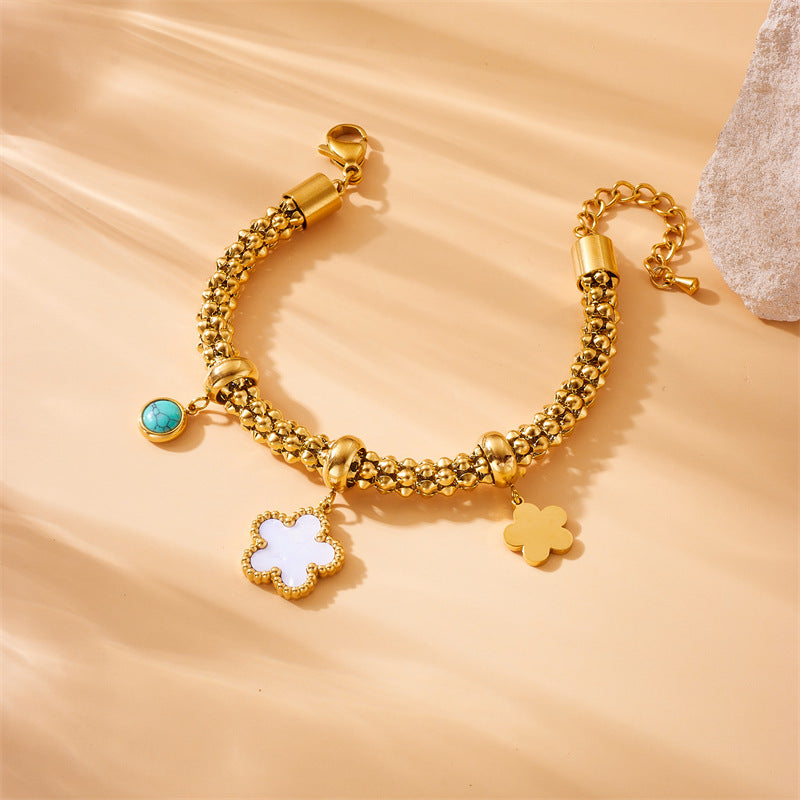 Bracciale alla moda vintage in acciaio inossidabile placcato oro con ciondolo a forma di fiore, luna, stella e turchese per donna