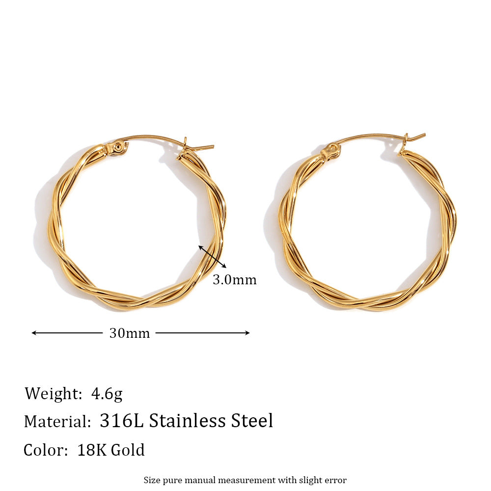 Minimalist Geometric Stainless Steel 18K Gold Plated Thin Braided Hoop Earrings for Women