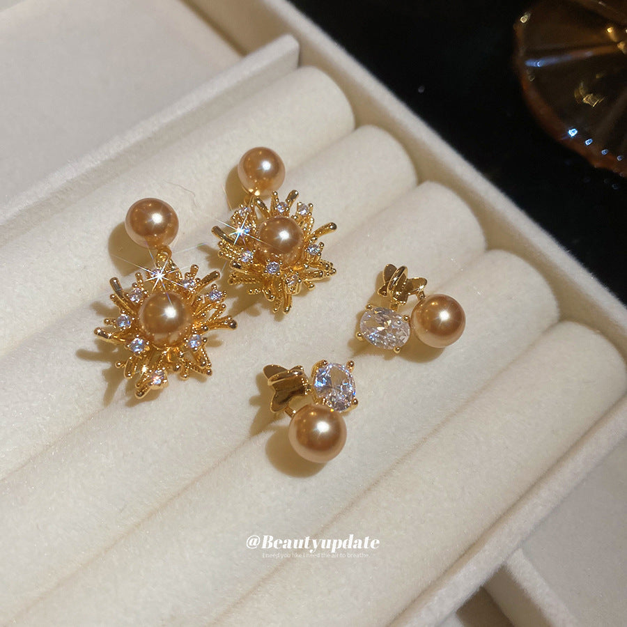 Orecchini a perno con occhio di tigre geometrico in stile vintage e perle con perni in argento sterling 925 placcato oro 18K
