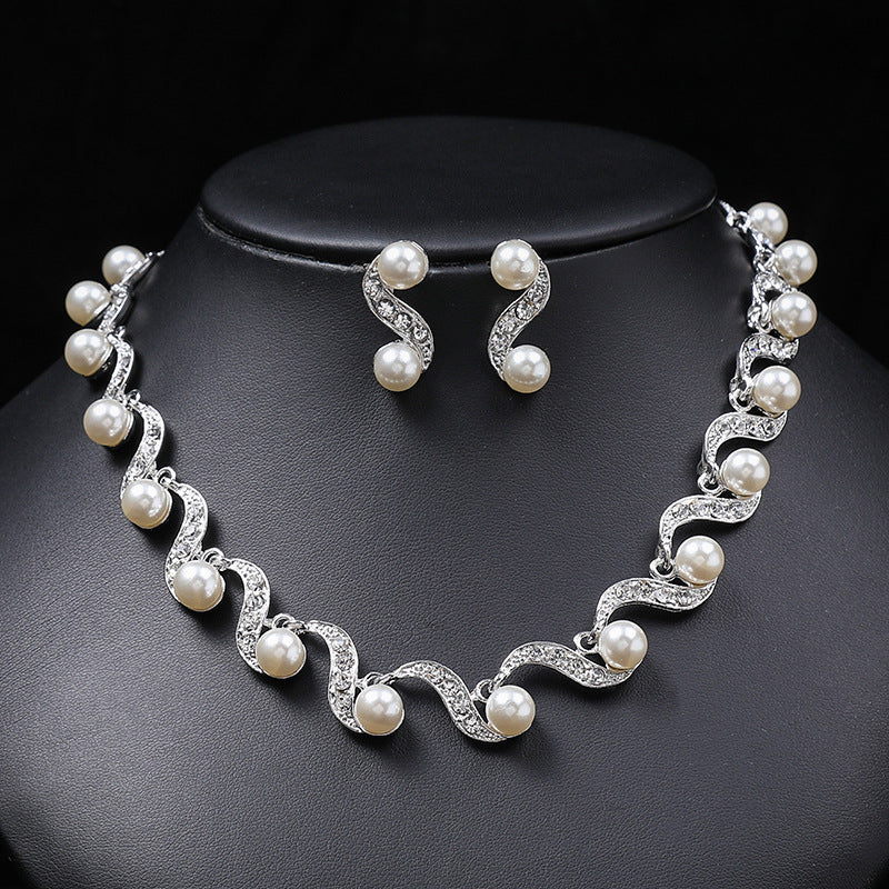 Chic Minimalist Pearl Pendant Necklace and Earrings Set for Women Alloy Chain with Twisted Rope Detail