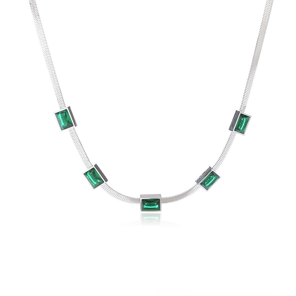 Minimalist Geometric Emerald Zirconia Titanium Steel Snake Chain Necklace for Women