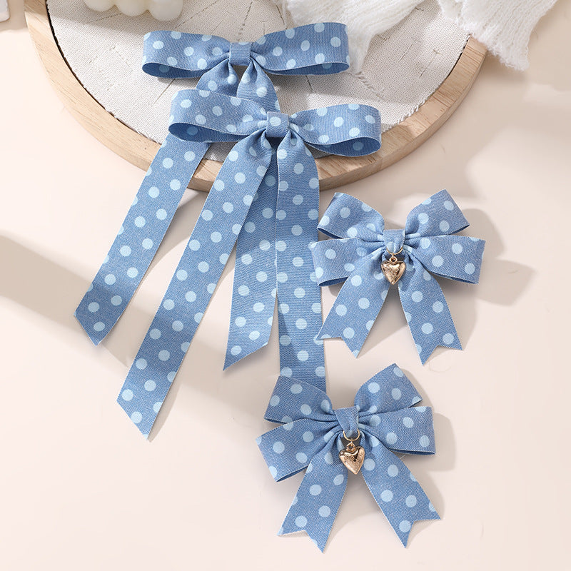 Ribbon Bow Hair Clip for Girls with Polka Dot Pattern and Ruffled Mesh Detail, Plastic Resin Duckbill Hairpin for Ponytail, Natural Style Children's Hair Accessory