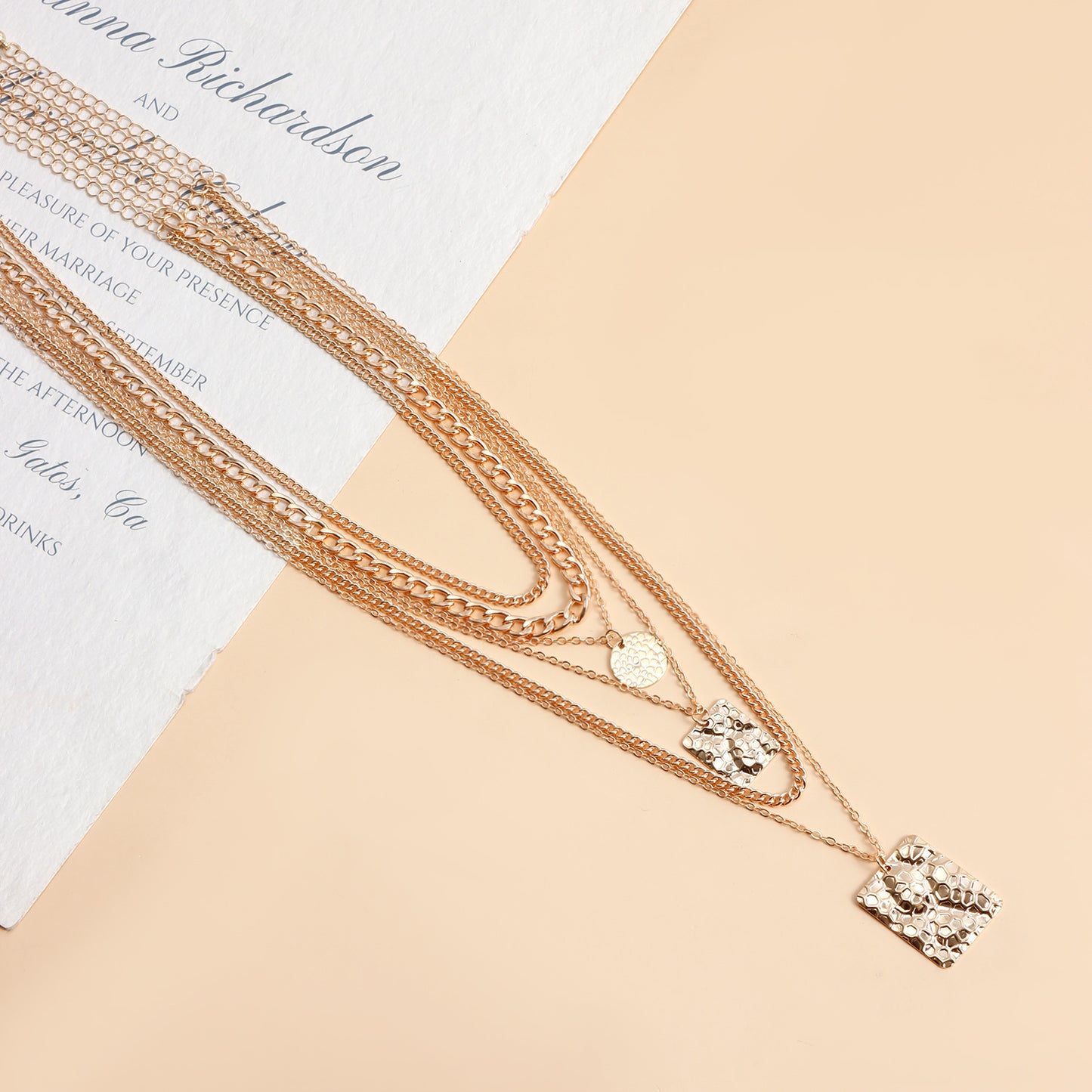 Geometric Pendant Necklace with Snake-Skin Texture in Metal, Electroplated, Layered Clavicle Chain for Women