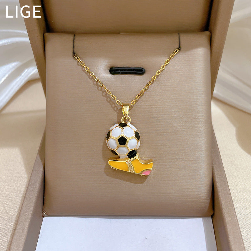 Sweet Sporty Geometric Drip Oil Rhinestone Soccer Shoe Pendant Necklace Titanium Steel Chain for Unisex