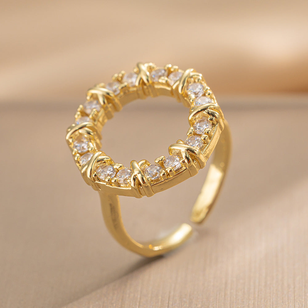 Luxury Minimalist Adjustable Open Ring for Women with Gold-Plated Copper Band and Zircon Stone Accent in Heart and Floral Shape