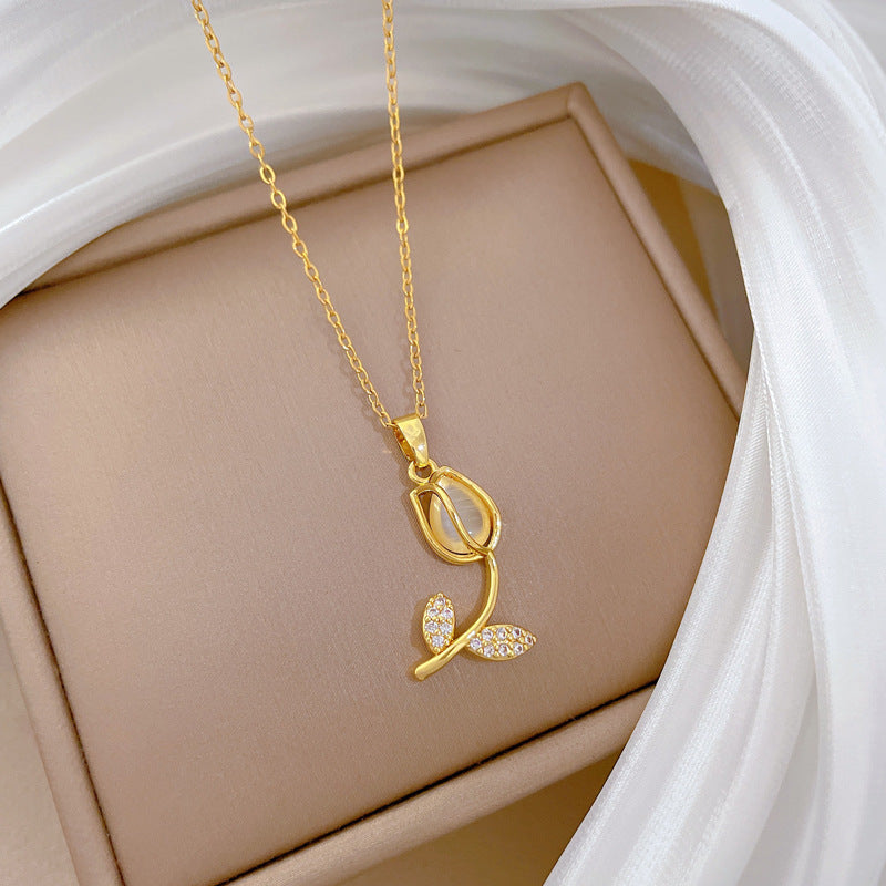 Cartoon Style Tulip-Shaped Stainless Steel Necklace for Women with Cat's Eye Inlay and Starry Accent, Delicate Clavicle Chain