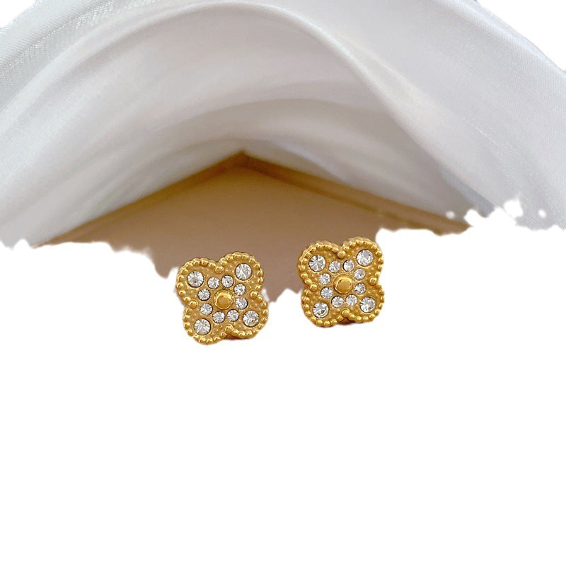 Minimalist Lucky Clover Stud Earrings in Titanium Steel with Rhinestone Inlay for Women