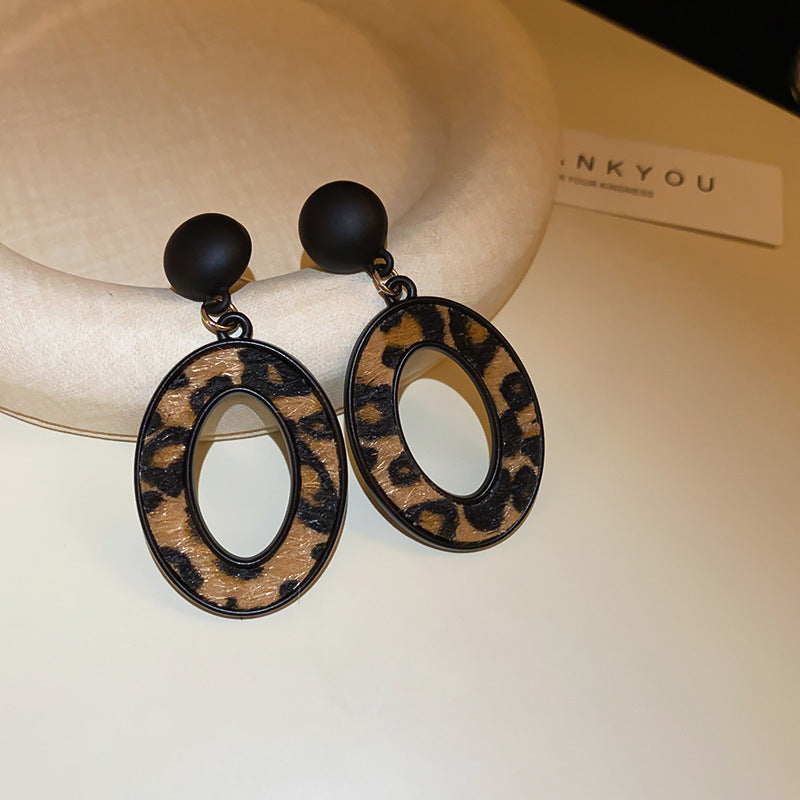 Vintage-Style Geometric Round Hoop Earrings for Women with Alloy Base Plated in Silver Tone Enamel Leopard Print and Rhinestone Inlay