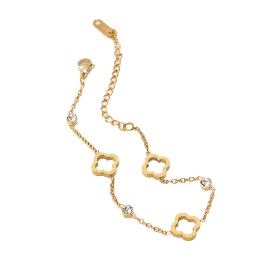 Elegante Bracciale Minimalista da Donna in Acciaio Inossidabile Placcato Oro con Zirconi e Quadrifoglio
