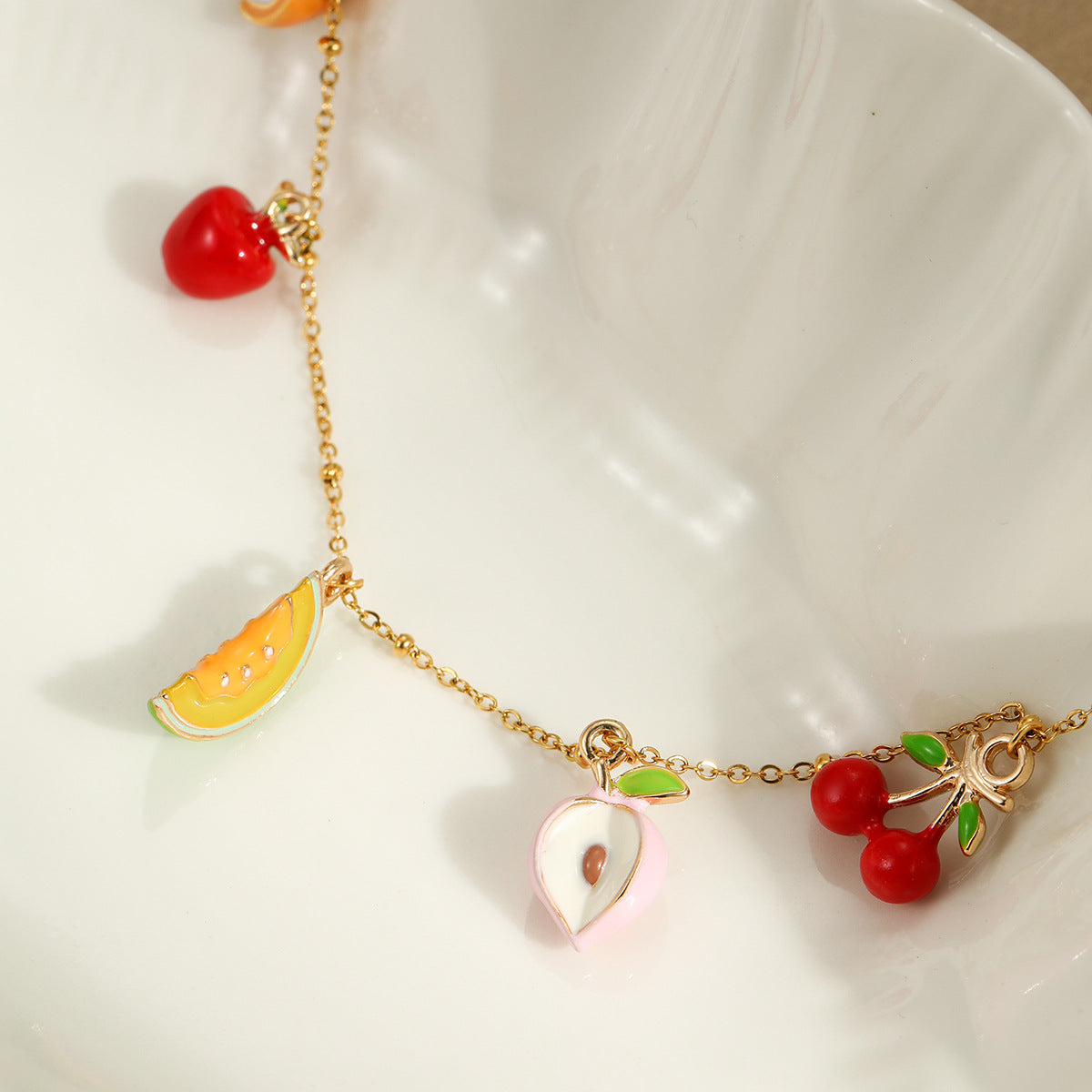 Fashionable OL Style Geometric Stainless Steel Bracelet with Cherry and Apple Fruit Motifs, Electroplated for Fade-Resistant Wear