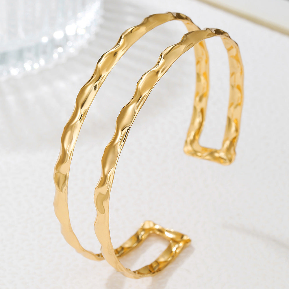 Punk Hip-hop Minimalist Leaf Wave Geometric Hollow Open Cuff Bracelet Alloy Plated for Women and Men