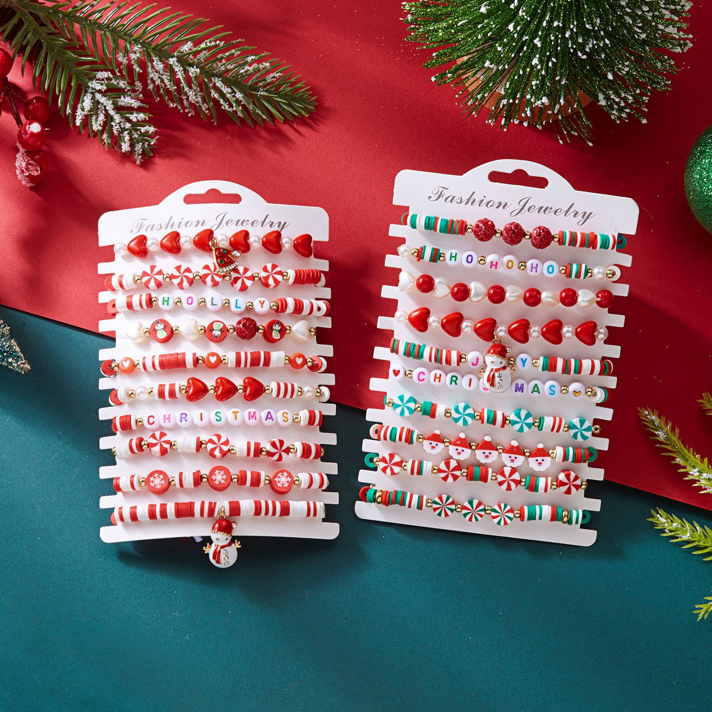 Pulsera de Dijes de Árbol de Navidad y Corazón de Aleación de Zinc Hecha a Mano con Cuentas de Copo de Nieve, Reno y Papá Noel para Mujer