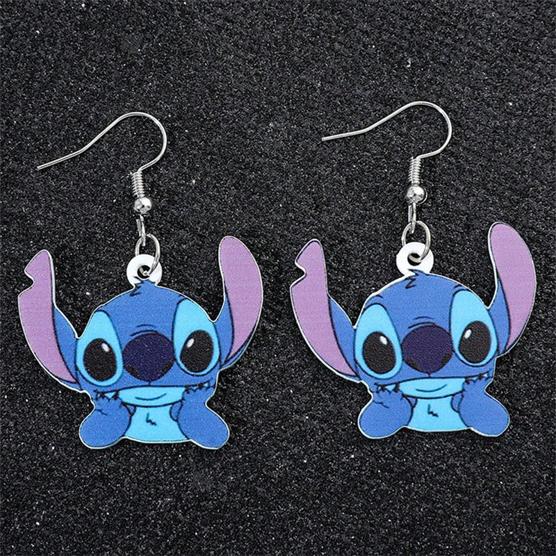 Pendientes de tuerca acrílicos de Stitch de dibujos animados con forma de lazo e incrustaciones de perlas para niños
