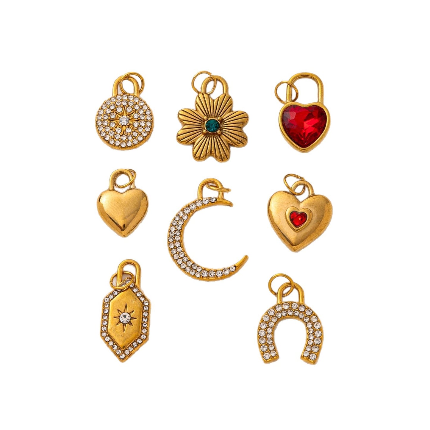 Vintage 18K Gold Plated Stainless Steel Heart Geometric Pendant Necklace with Cubic Zirconia Inlay DIY Charm Bar