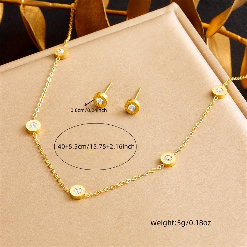 Conjunto de Collar, Pendientes y Pulsera con Colgante Redondo de Números Romanos de Diamantes de Imitación para Mujer, Cadena de Caja Chapada en Acero Inoxidable