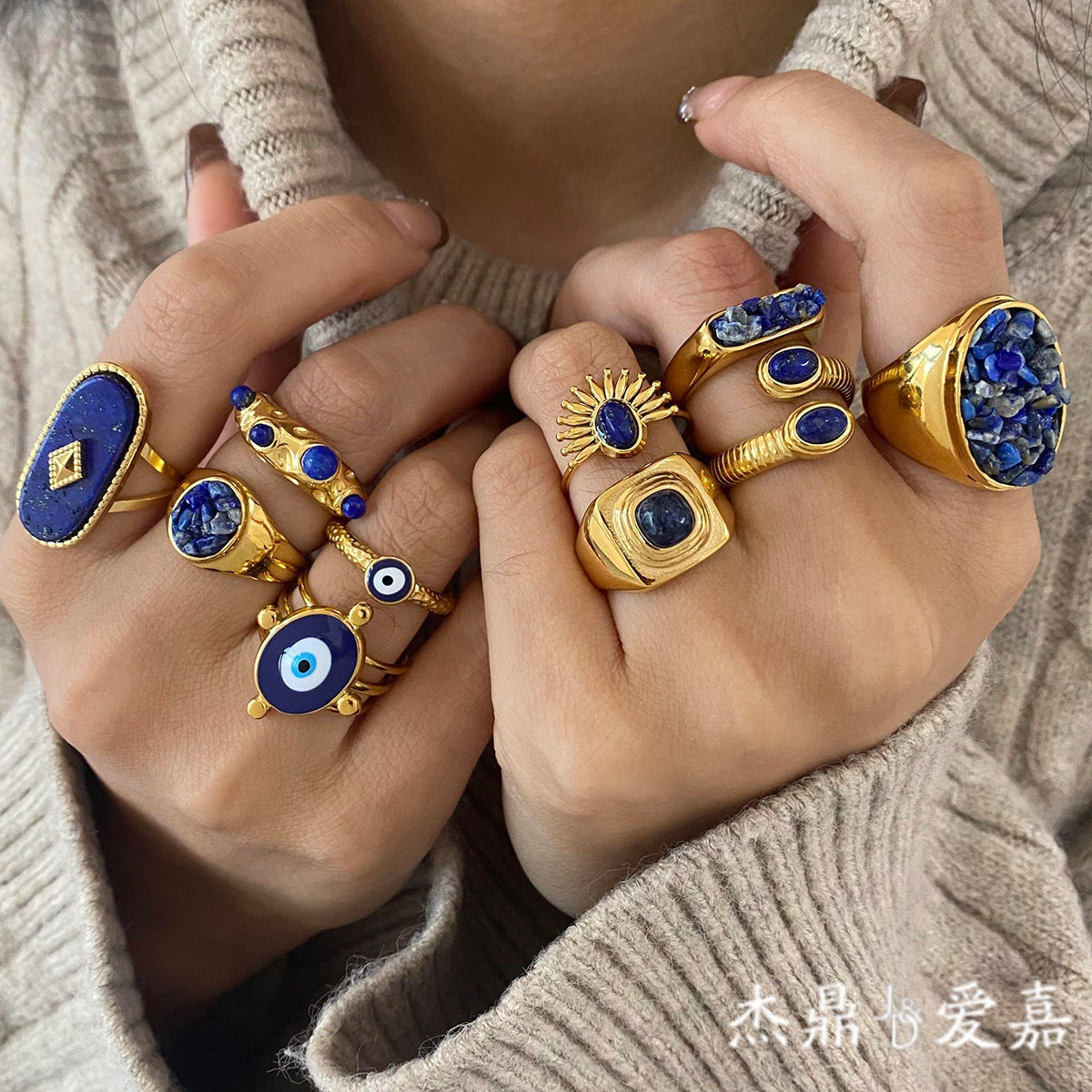 Geometric Plated Stainless Steel Ring with Natural Gemstone for Women