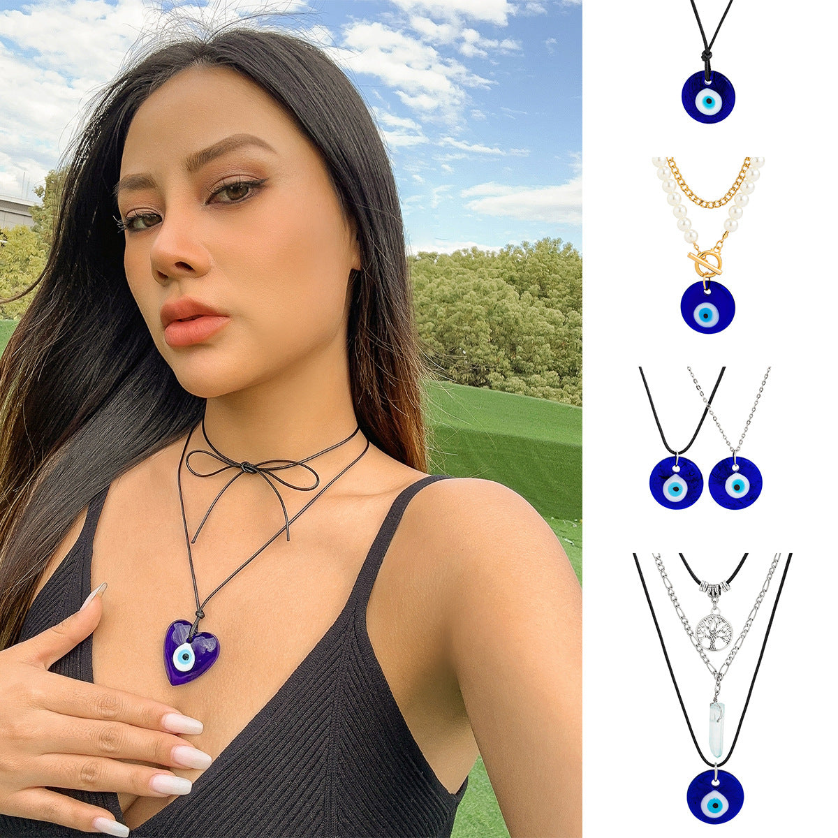 Collana Pendente Vintage Minimalista in Lega con Occhi a Cuore, Catena a Nappe Multistrato Galvanizzata