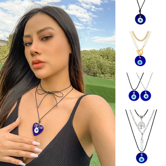 Collar con colgante minimalista vintage de aleación con diseño de ojos en forma de corazón, cadena de borlas multicapa galvanizada