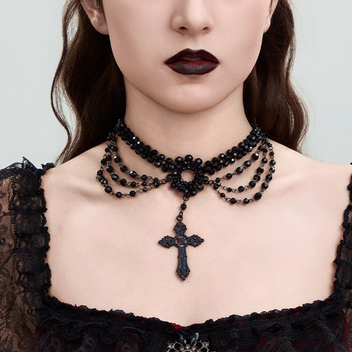 Vintage Crystal Cross Geometric Plated Ball Chain Necklace for Women