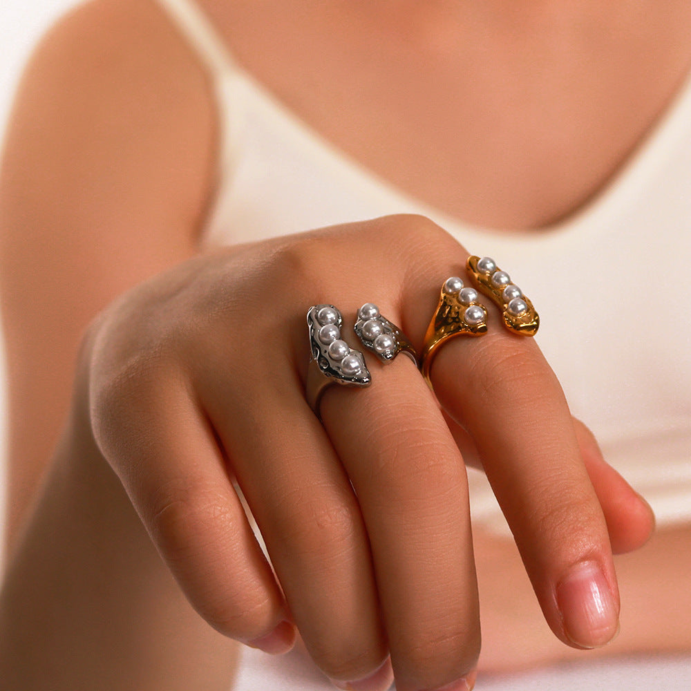 Vintage Geometric Stainless Steel Ring with Pearl Inlay Adjustable Band for Women