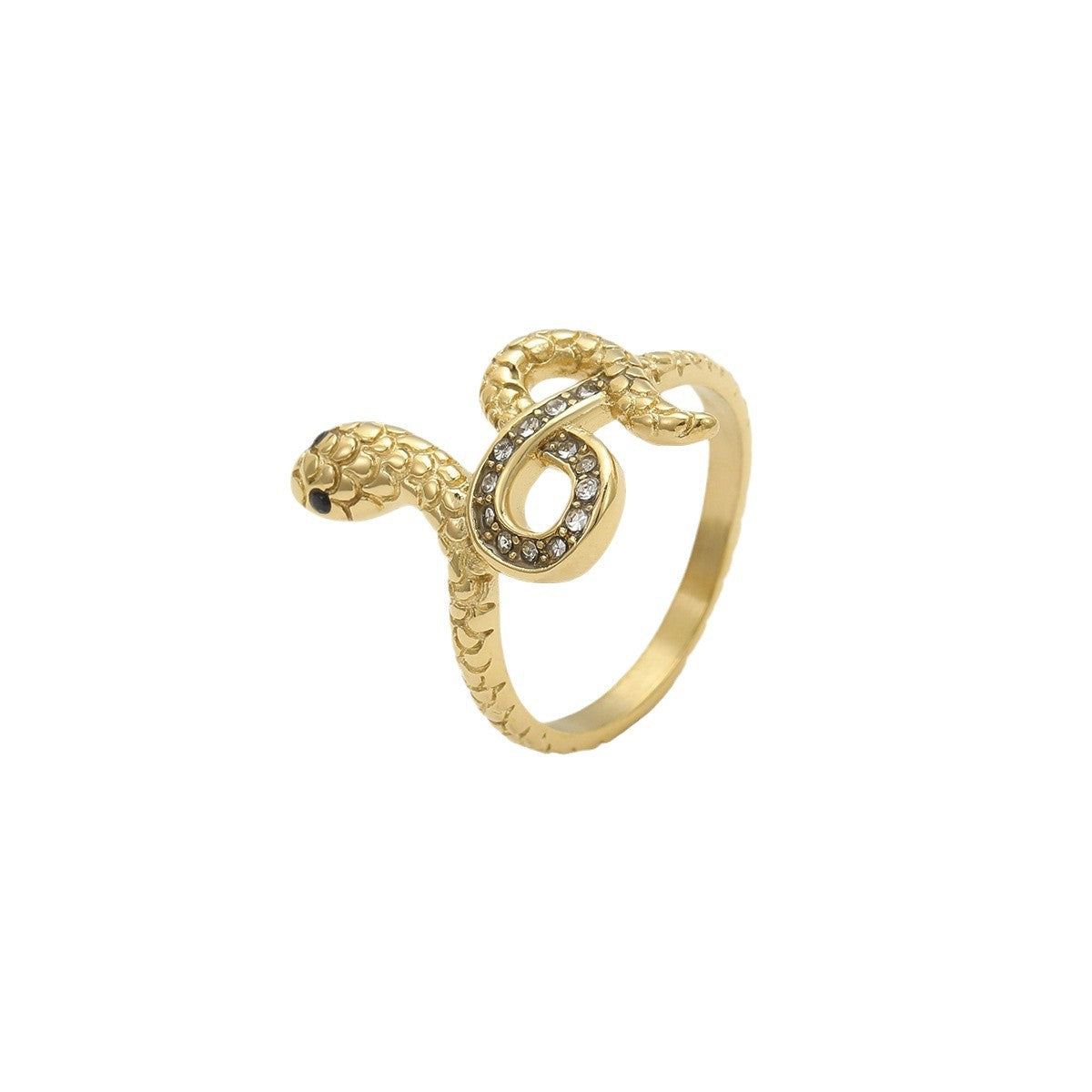 Anello alla moda in acciaio inossidabile a forma di serpente geometrico con dettagli in strass da donna, elettroplaccato per un'eleganza resistente allo sbiadimento