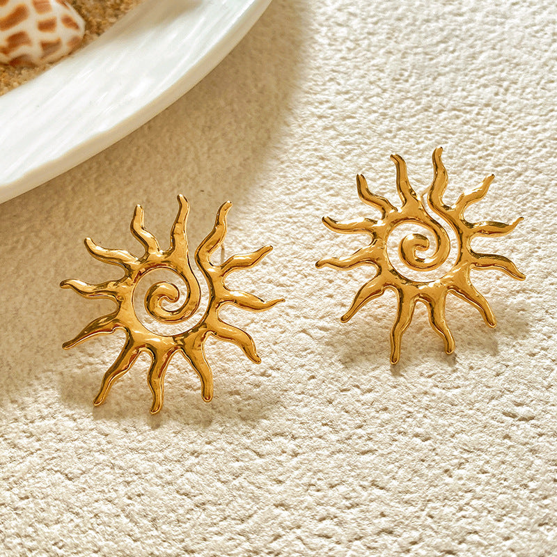 Sweet Sunflower Plant Brass Stud Earrings with Stainless Steel Posts