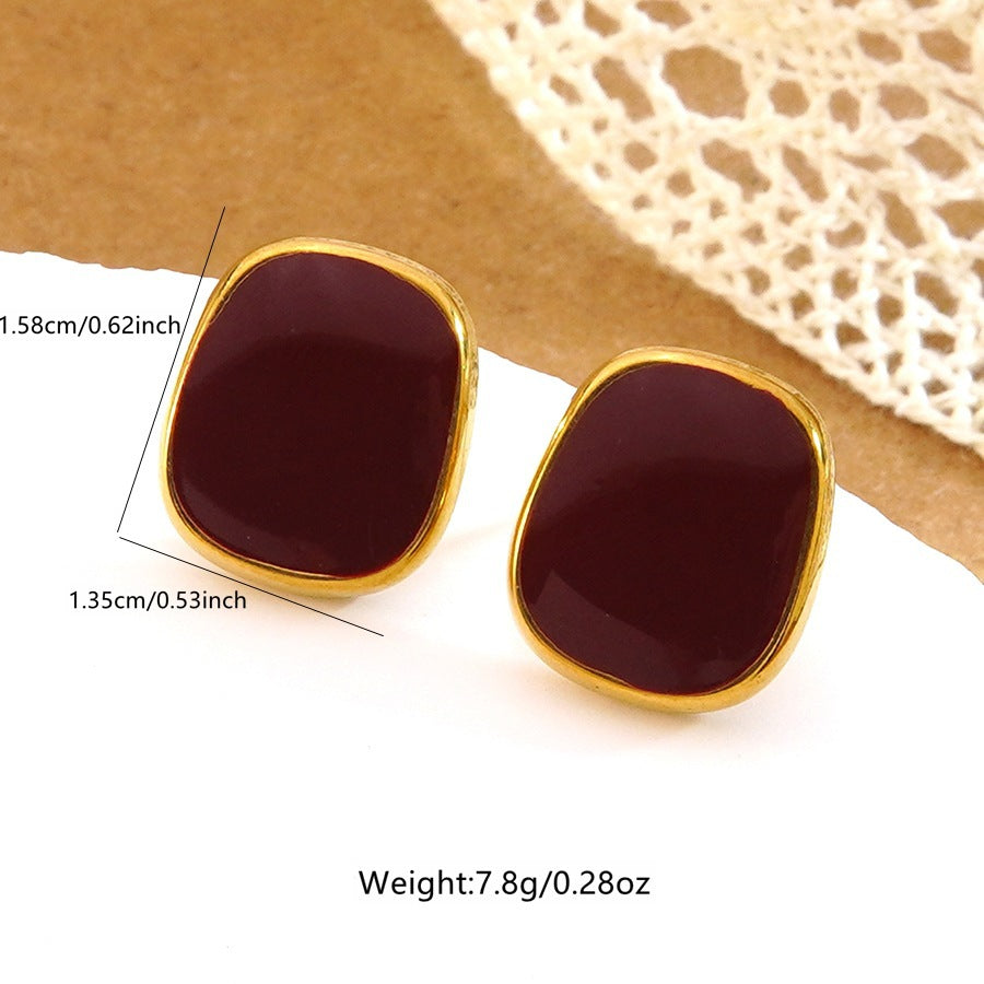 Sweet Minimalist 18K Gold Plated Square Drip Oil Stainless Steel Necklace and Earring Set for Women