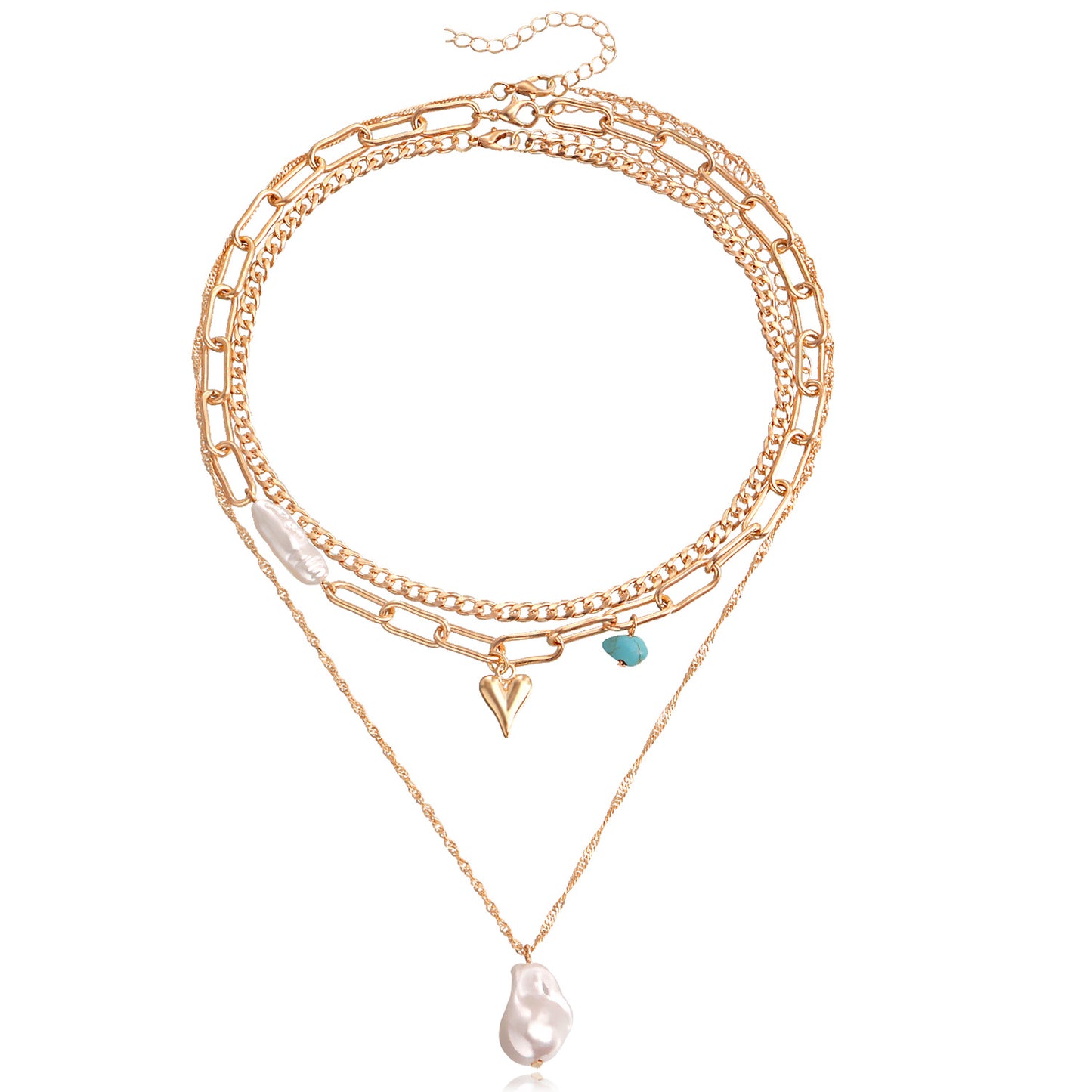 Trendy Multi-Layer Asymmetrical Pearl-Effect Heart Pendant Necklace for Women in Alloy with Plated Finish